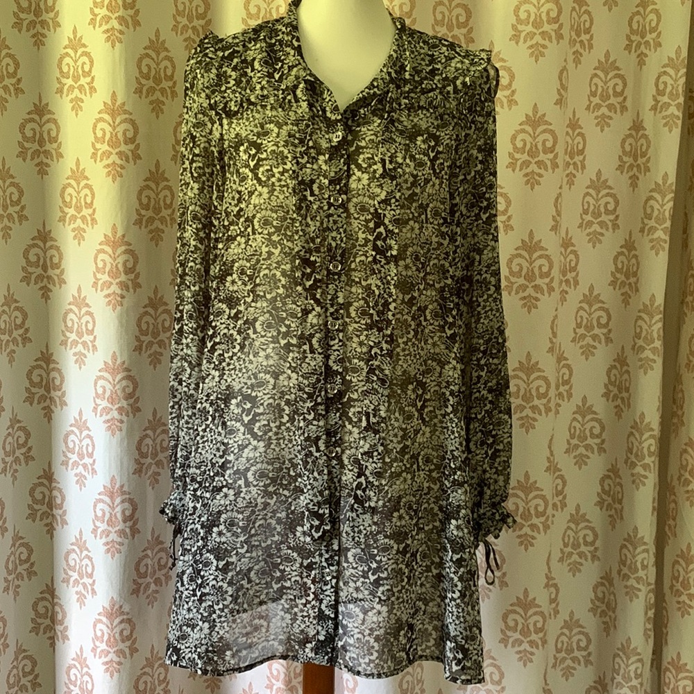 AS U WISH floral sheer button down dress ruffles L
